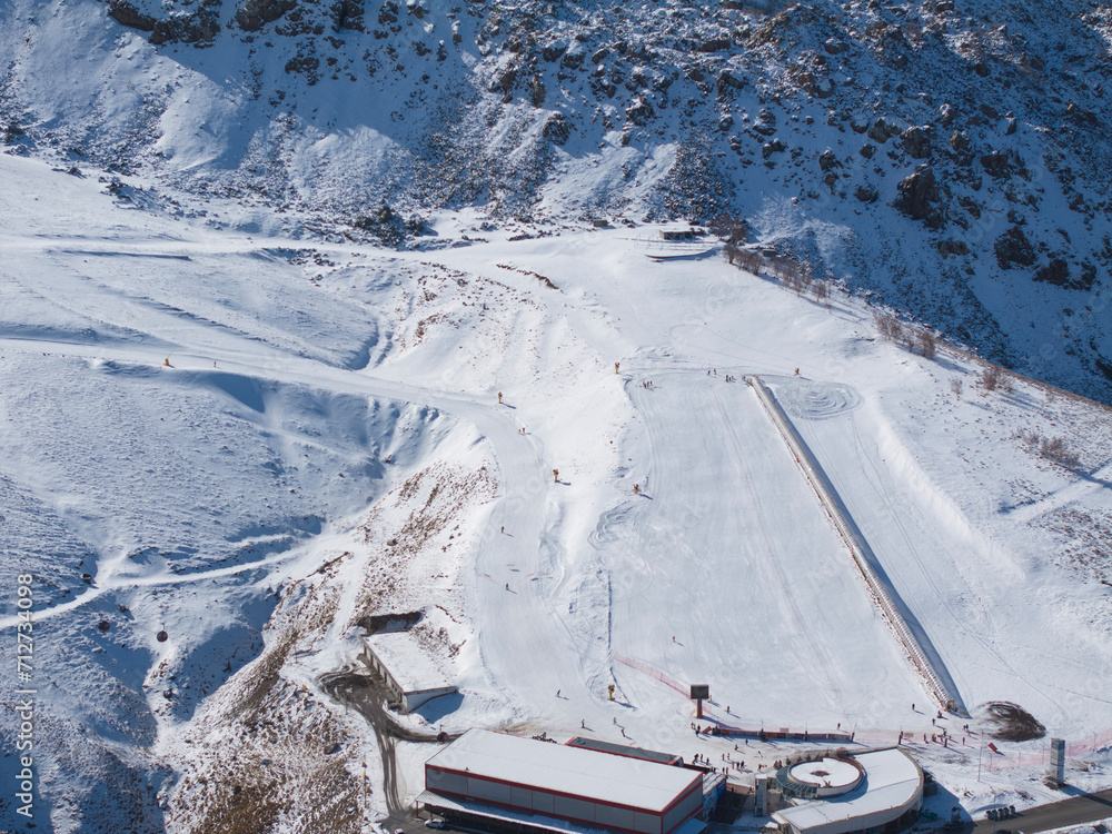 Obraz premium Mount Erciyes Ski Resort Drone Photo in the Winter Season, Erciyes Mountain Hacilar, Kayseri Turkiye (Turkey)