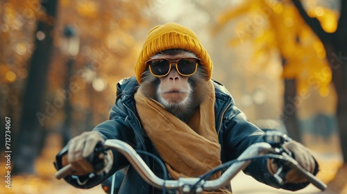 Monkey drive a bicycle in hipster outfit