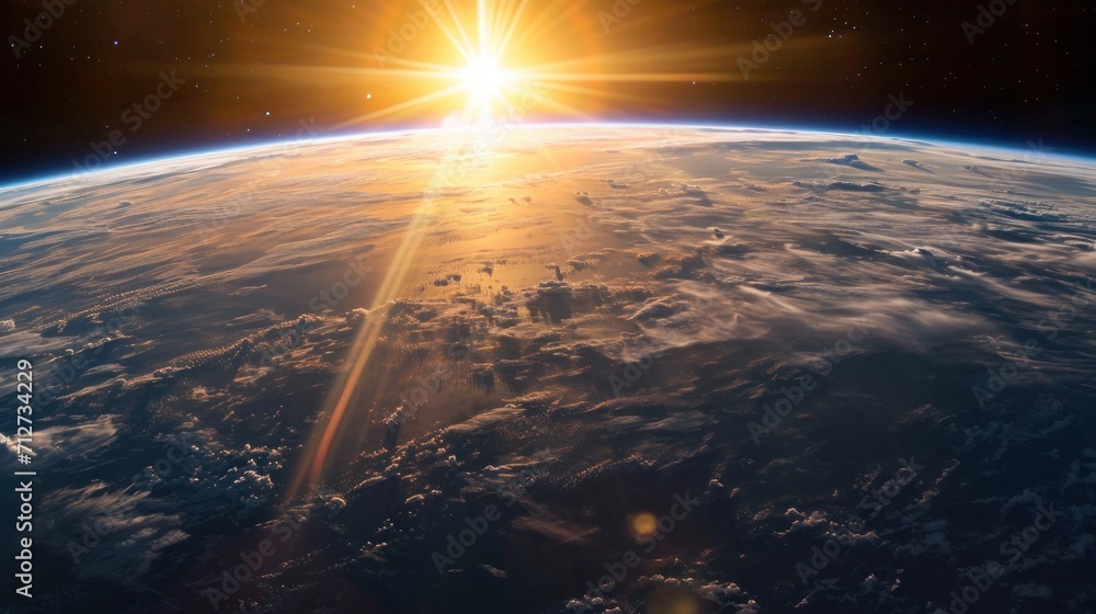 Sunrise view of the planet Earth from space with the sun setting over the horizon