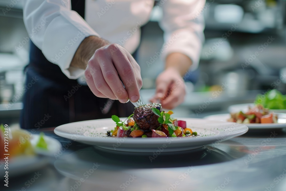A chef plating a beautifully designed dish, kitchen background A chef plating a beautifully designed dish, kitchen background
