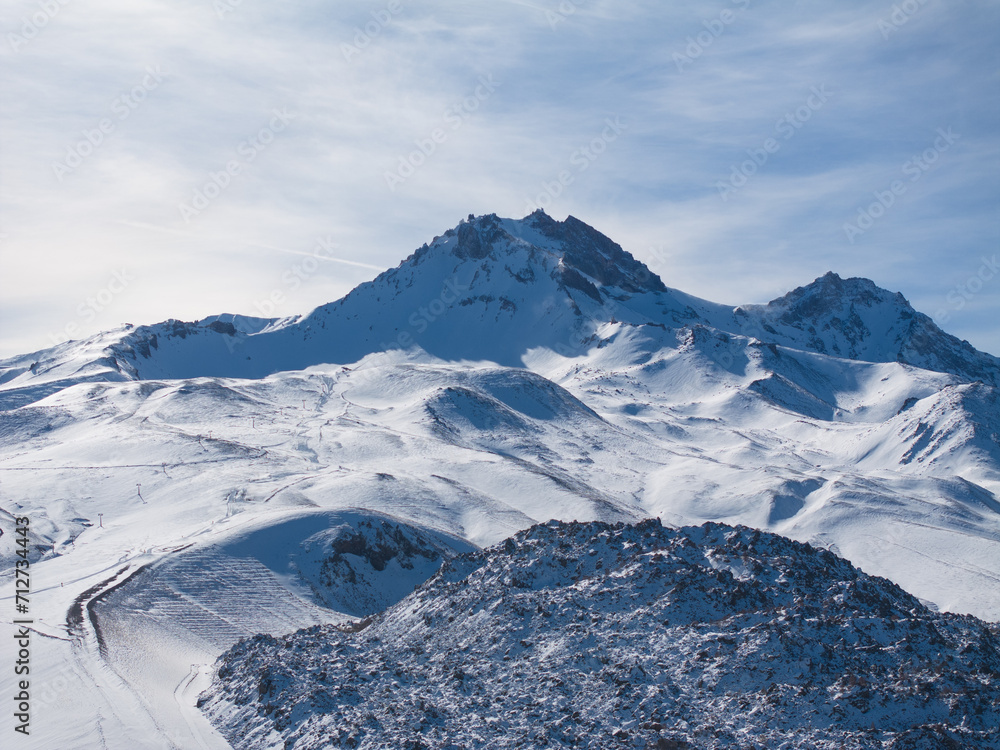 Fototapeta premium Mount Erciyes Ski Resort Drone Photo in the Winter Season, Erciyes Mountain Hacilar, Kayseri Turkiye (Turkey)