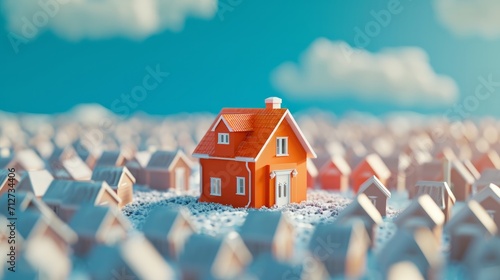 Unique orange house standing out from crowd. Real estate market. 3d rendering photo