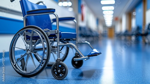 Empty wheelchairs in hospital corridor, symbolizing healthcare crisis and overwhelmed facilities photo