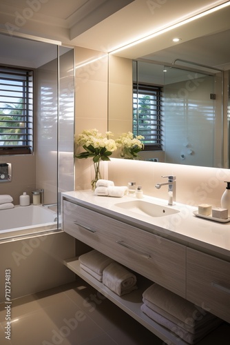Modern bathroom interior with beige walls and white vanity