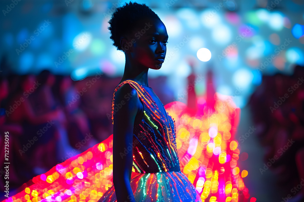A model in a neon dress on the catwalk A model in a neon dress on the catwalk