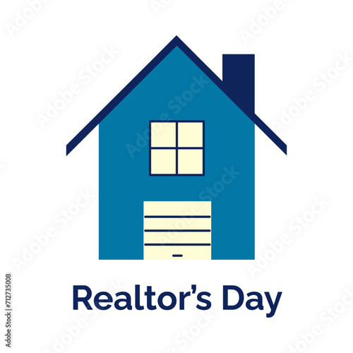 Realtor's day blue house. Cottage with garage. Country house. Dacha in the private sector. Holiday card with text. Real estate, rent a house. Isolated. Flat design. Vector illustration.