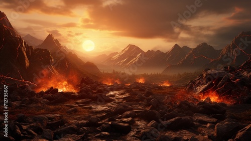 A rocky mountain ridge at sunset, with the sun creating a fiery sky and casting warm tones on the rugged surfaces -Generative Ai