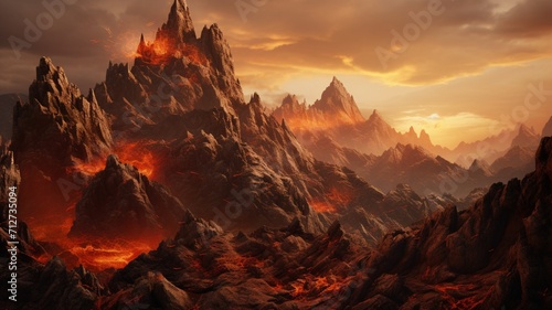 A rocky mountain ridge at sunset, with the sun creating a fiery sky and casting warm tones on the rugged surfaces -Generative Ai #712735094
