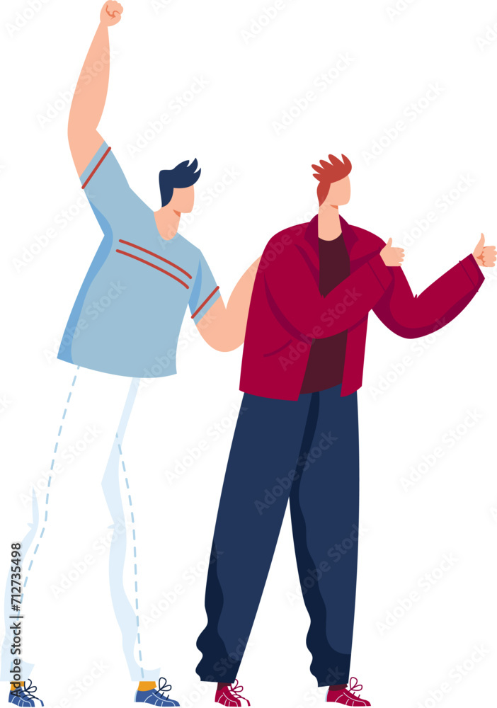 Two young men celebrating, one cheering with fist raised, the other giving thumbs up. Friends showing positive emotions, victory or success concept vector illustration. Two young men celebrating, one cheering with fist raised, the other giving thumbs up. Friends showing positive emotions, victory or success concept vector illustration.