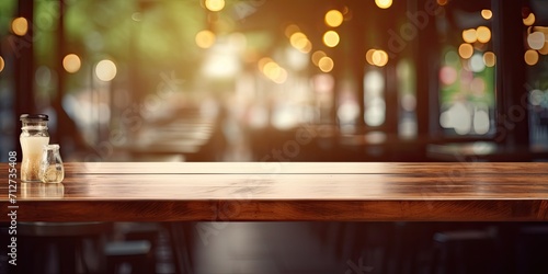 Blurred cafe or restaurant background with wooden table area.