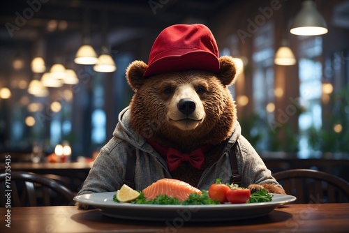 A bear in a red hat ordered salmon in a restaurant photo