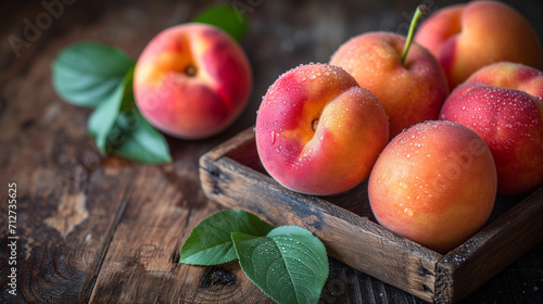 freshly plucked peaches on a dark wooden table.