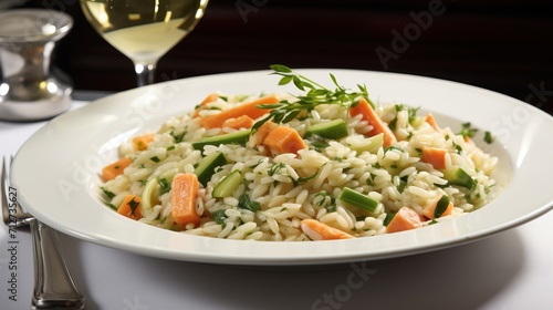 Delicious close up of risotto with fresh spring carrots and leeks on white plate