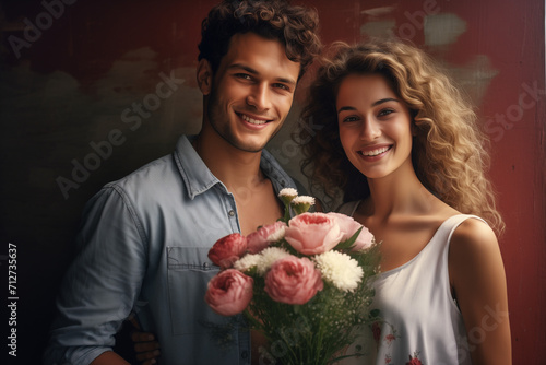Illustration of a couple of man and woman with a bouquet of flowers looking at the camera and smiling