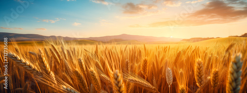 detail of ears of wheat in a wheat field with blurred background at sunset photo