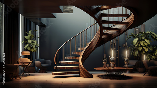 A spiral staircase with a unique helical design, combining wooden treads and metal railing. The staircase is bathed in natural light, creating a visually striking and dynamic architectural element in 