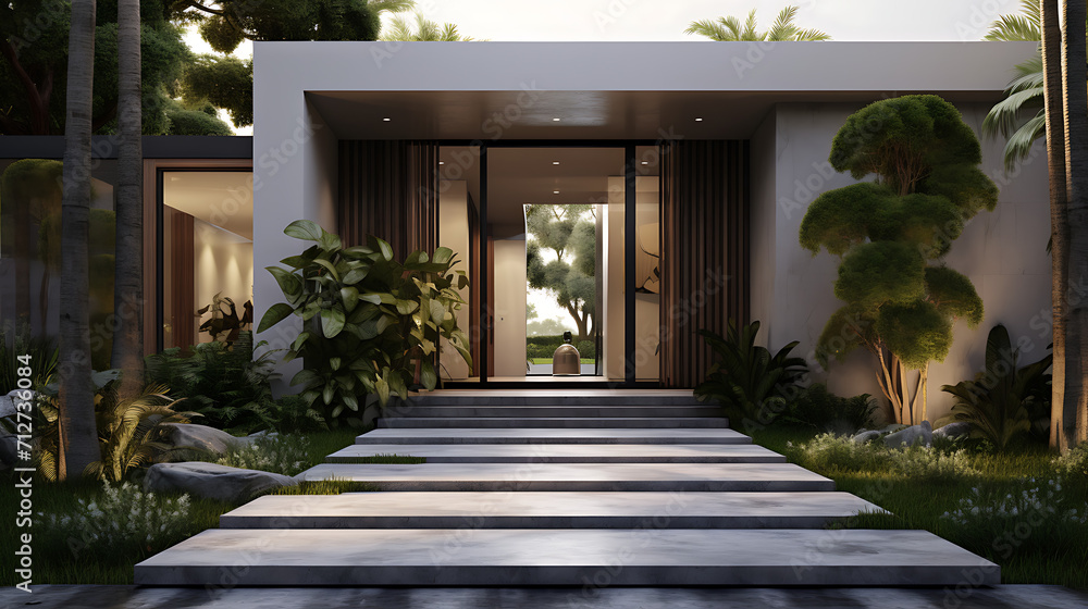  A stylish entrance to a modern house with a well-manicured garden, clean lines, and a unique architectural design. The outdoor space sets the tone for the modern aesthetic carried throughout the enti - obrazy, fototapety, plakaty 
