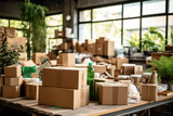 Boxes in recyclable waste collection local warehouse