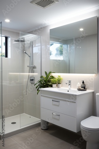 Modern bathroom interior with plants and white vanity