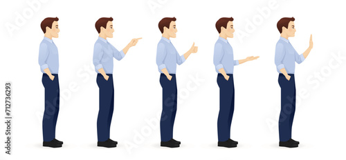 Young business man in blue shirt side view different gestures set isolated vector illustration