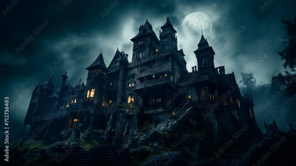 Sinister vampire castle at night