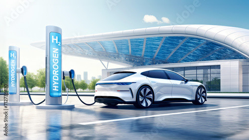 Eco-friendly hydrogen refueling station with a futuristic car. Emission free, zero emission, sustainable transport