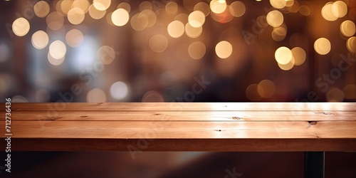 Product display template with bokeh background in a blurry restaurant with an empty table.
