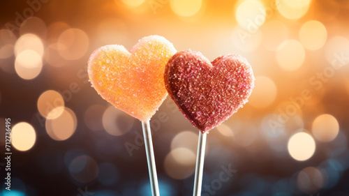Two heart-shaped lollypops, abstract blurred background