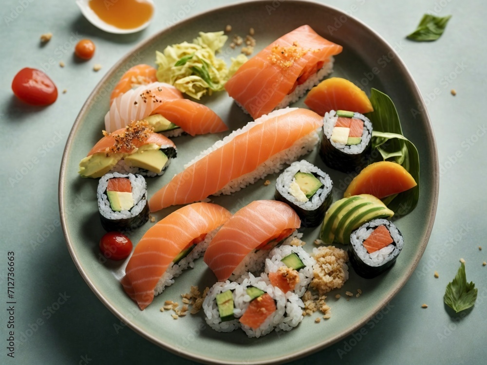 Sushi set with salmon, avocado, cucumber and sesame seeds Sushi set with salmon, avocado, cucumber and sesame seeds