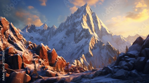 A rugged mountain peak illuminated by the last light of the day, with a clear sky and vivid colors adding to the dramatic scenery -Generative Ai