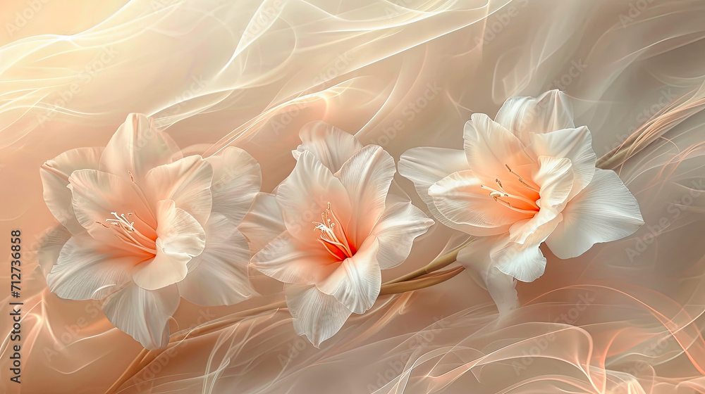 Background with white gladioli in pink haze.
