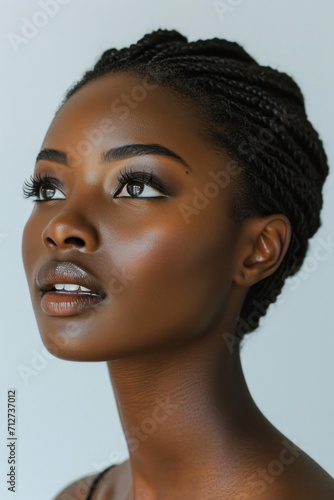 Glamorous portrait of a black woman showcasing beauty with stylish makeup, radiant skin, and an artistic touch in a studio setting.