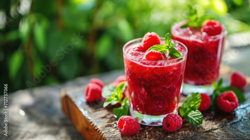 Healthy raspberry smoothie on rustic wooden board, served outside in green summer garden