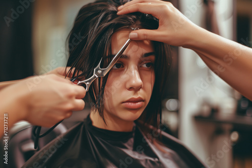 young woman getting her hair cut in a hair salon