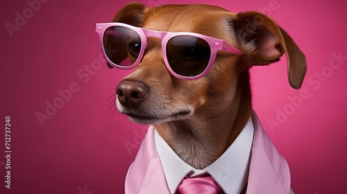 Cool dog in sunglasses and suit, isolated on pink background with text space on the left