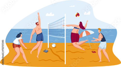Four people playing beach volleyball on sand by the sea. Players in casual summer wear enjoy a sunny day game. Summer sports and beach activity. Friendship and teamwork vector illustration.