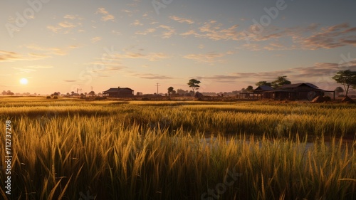 A rural farmhouse surrounded by vast fields of crops  the golden sunset casting a warm glow on the rustic structure  -Generative Ai