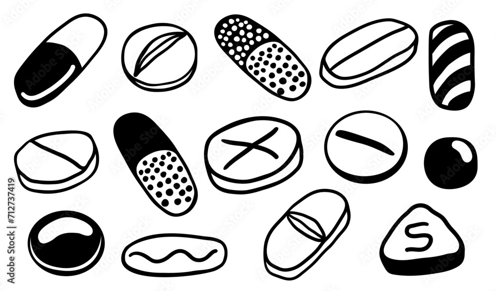 set of tablet capsule pill in lines vector. template for logo sticker icon design. illustration on a medical theme