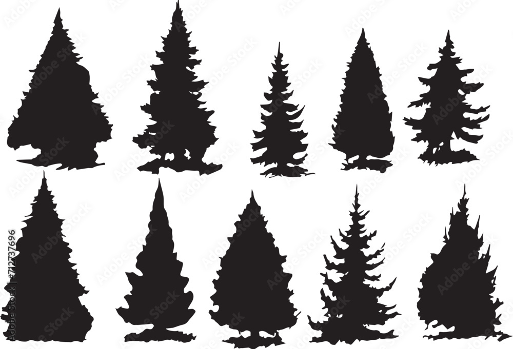 A set of Christmas trees. Hand drawn vector illustration