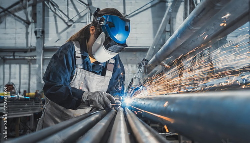 Female welder on her working place, welding tube with sparks photo