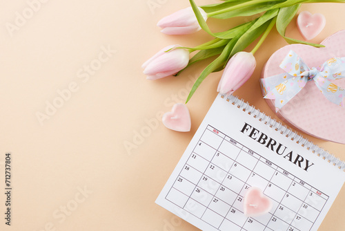 Preparation for the celebration of Valentine's Day on February 14. Top view photo of calendar, heart-shaped present boxes, tulips, hearts on beige background with advert space