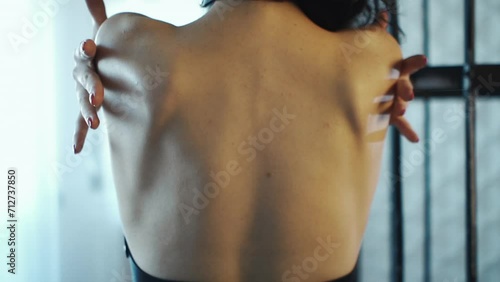 sexy nude stripper woman in black leather belt or corset and bondage, sensual striptease female in bdsm seductive lingerie, sex role play