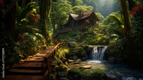 A rustic cabin nestled in the heart of the jungle, with a small wooden bridge leading to its welcoming entrance  -Generative Ai