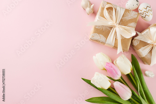 Easter gifting selection theme. Top view photo of festive gift boxes, eggs, feathers, flowers, ceramic bunny on pastel pink background with advert panel