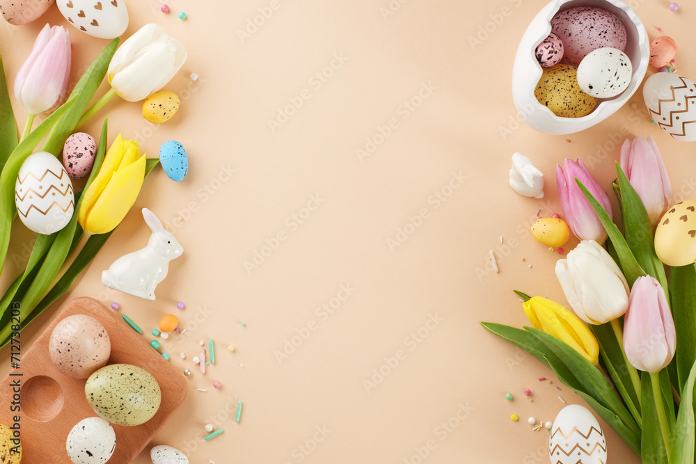 A charming Easter happening. Top view flat lay of egg-shaped saucer, eggs, ceramic rabbits, bunny ears, sprinkles, tulips on beige background with empty space for greeting or promo