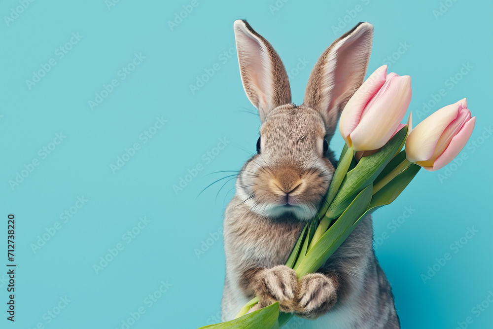 Fototapeta premium cute bunny holds out a pastel tulip’s bouquet isolated on pastel light blue background with copy space