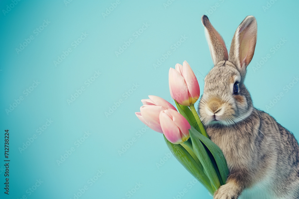Fototapeta premium cute bunny holds out a pastel tulip’s bouquet isolated on pastel light blue background with copy space