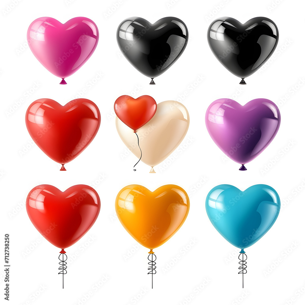 Heart-shaped balloons in various colors isolated on white background, simple style, png
