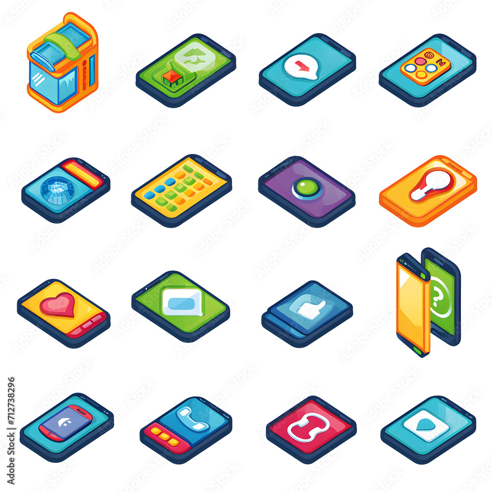 Mobile app icons on a touch screen isolated on white background, isometry, png
