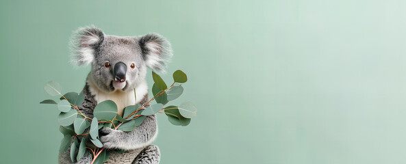 cute koala holds out an eucalyptus isolated on light pastel green background with copy space
